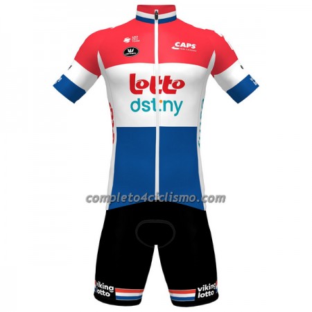 Completo Maglia + Pantaloncino con bretelle 2023 Lotto Dstny Campione Olandese Rosso Blu Bianco